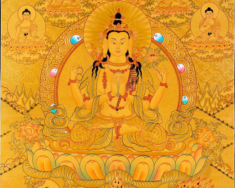 Chengrezig Avalokitesvara Hand-painted 24k Gold Style Thangka- Flanked by Boddhisattvas Vajrapani and Manjushree