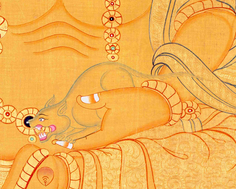 Dzambala Kubera Thangka | Original Hand Painted 24K Gold Style With 5 Buddhas On Top Of His Head