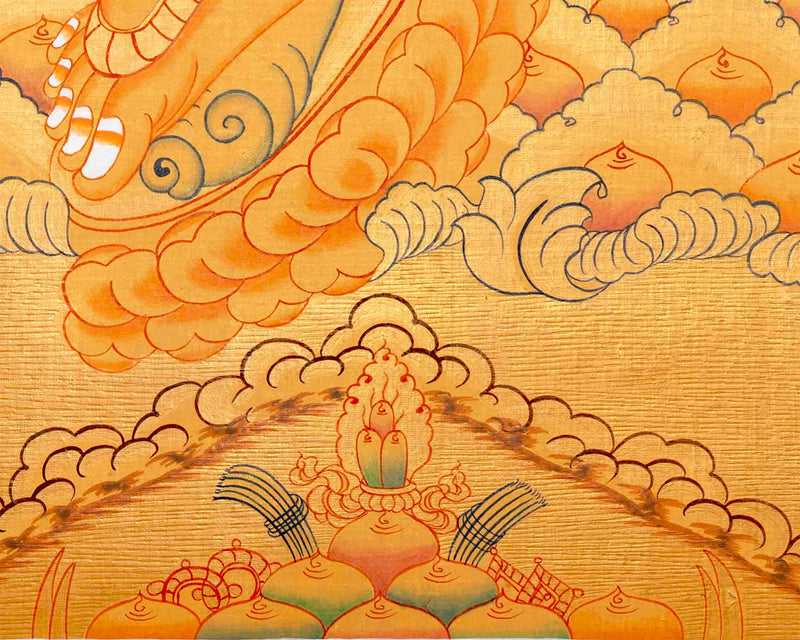 Dzambala Kubera Thangka | Original Hand Painted 24K Gold Style With 5 Buddhas On Top Of His Head