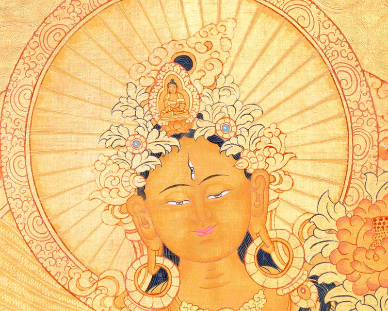 24K Gold Style White Tara Followed By Other Bodhisattvas | Original Hand-Painted Female Bodhisattva Art | Wall Hanging Decoration Art