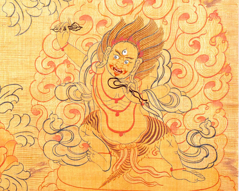 Chengrezig Avalokitesvara Hand-painted 24k Gold Style Thangka Flanked by Vajrapani & Manjushree