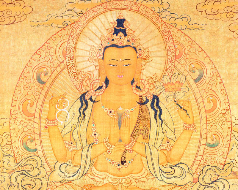 Chengrezig Avalokitesvara Hand-painted 24k Gold Style Thangka Flanked by Vajrapani & Manjushree