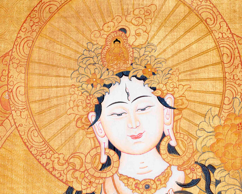 Full Gold Style White Tara Thangka Painting | Original Hand-Painted Female Bodhisattva Art |