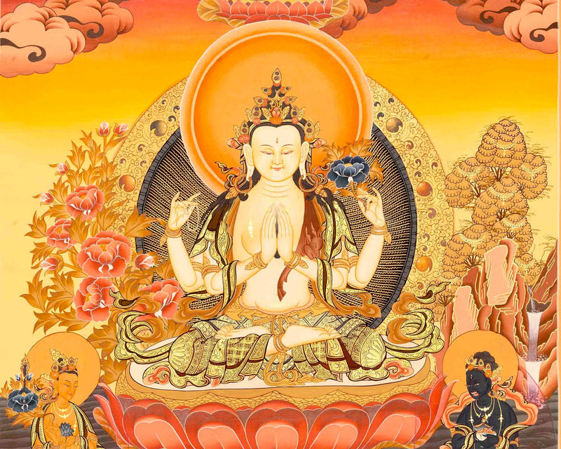 Avalokiteshvara Chengrezig Thangka With Amitabha Buddha On Top | Wall Hanging Art