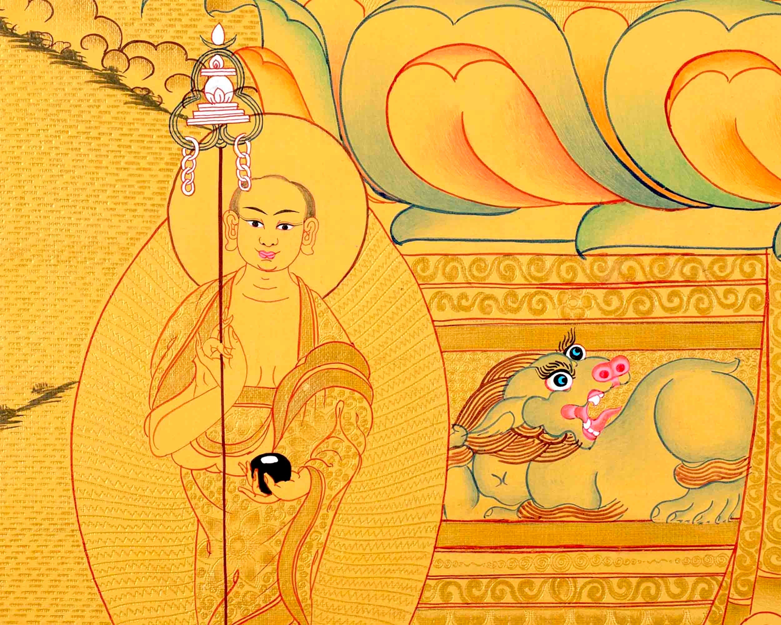 Shakyamuni Buddha Flanked By Dhyani Pancha Buddha, Sariputra, and Maudgalyayana | Wall Decor Painting | Art Painting for Meditation and Yoga