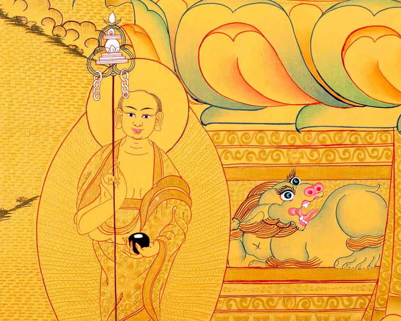 Shakyamuni Buddha Flanked By Dhyani Pancha Buddha, Sariputra, and Maudgalyayana | Wall Decor Painting | Art Painting for Meditation and Yoga