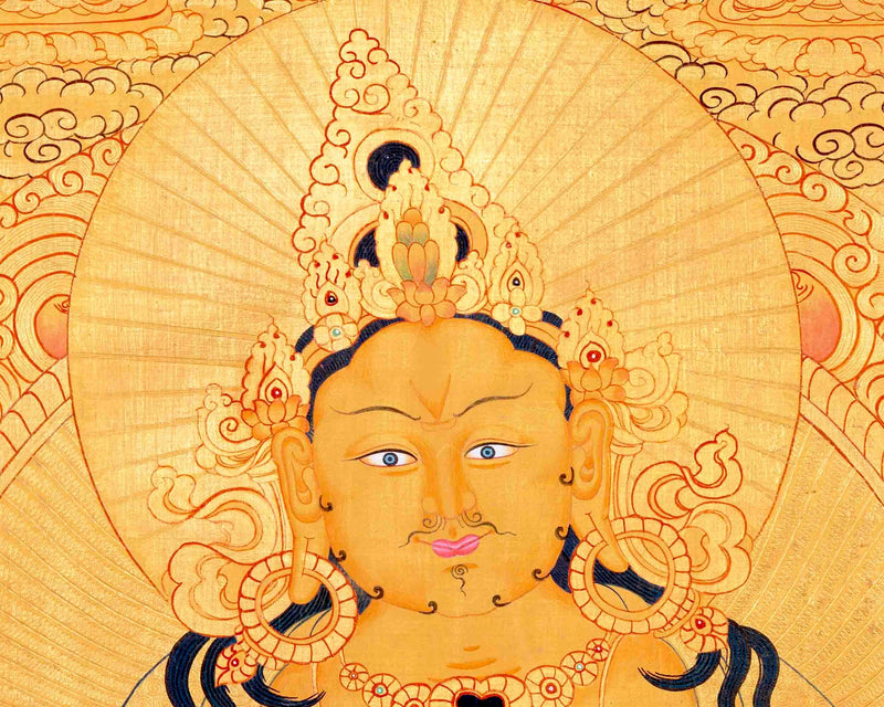 Dzambala Kubera Thangka | Original Hand Painted 24K Gold Style With 5 Buddhas On Top Of His Head