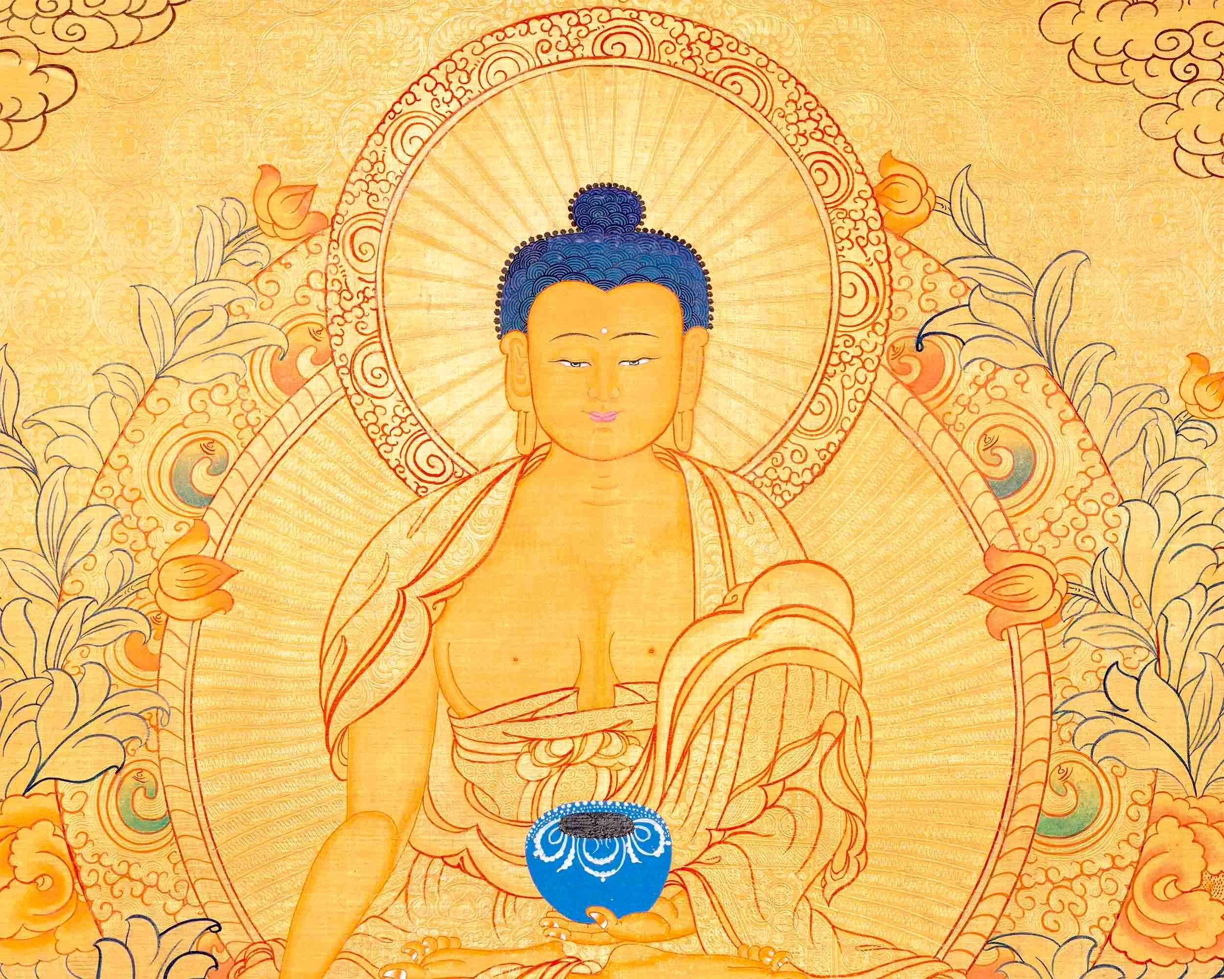 24K Gold Style Shakyamuni Buddha Tibetan Thangka | Meditation Object For Our Wellbeing