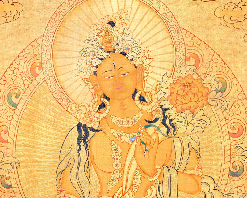 24K Gold Style White Tara Followed By Other Bodhisattvas | Original Hand-Painted Female Bodhisattva Art | Wall Hanging Decoration Art