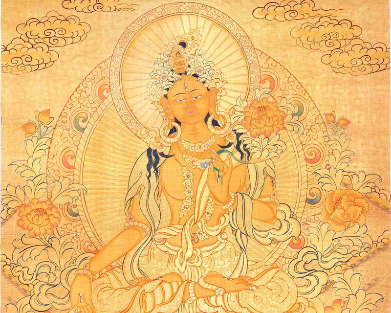 24K Gold Style White Tara Followed By Other Bodhisattvas | Original Hand-Painted Female Bodhisattva Art | Wall Hanging Decoration Art