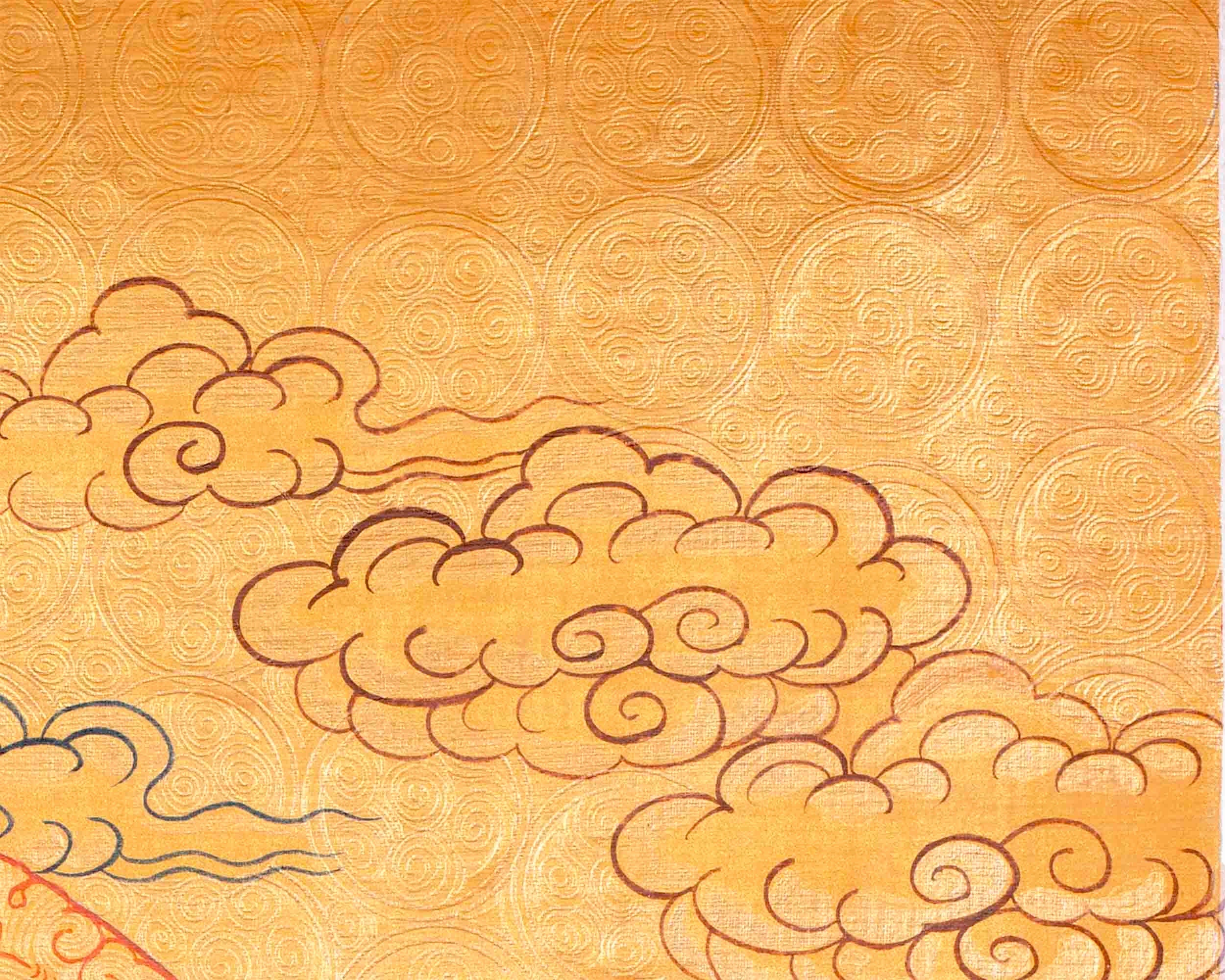 Chengrezig Avalokitesvara Hand-painted 24k Gold Style Thangka Flanked by Vajrapani & Manjushree