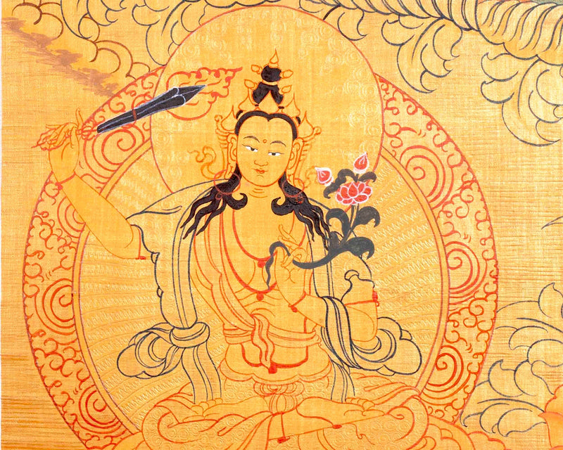 Chengrezig Avalokitesvara Hand-painted 24k Gold Style Thangka Flanked by Vajrapani & Manjushree