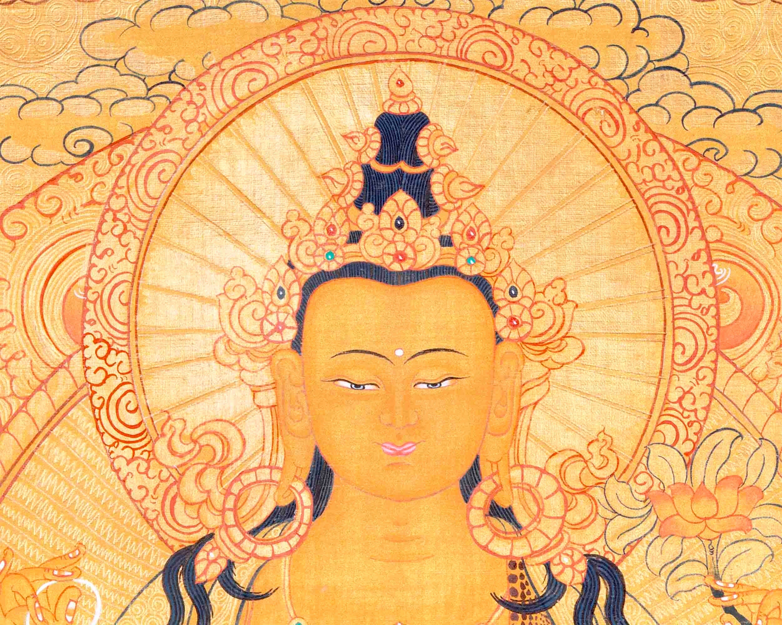 Chengrezig Avalokitesvara Hand-painted 24k Gold Style Thangka Flanked by Vajrapani & Manjushree