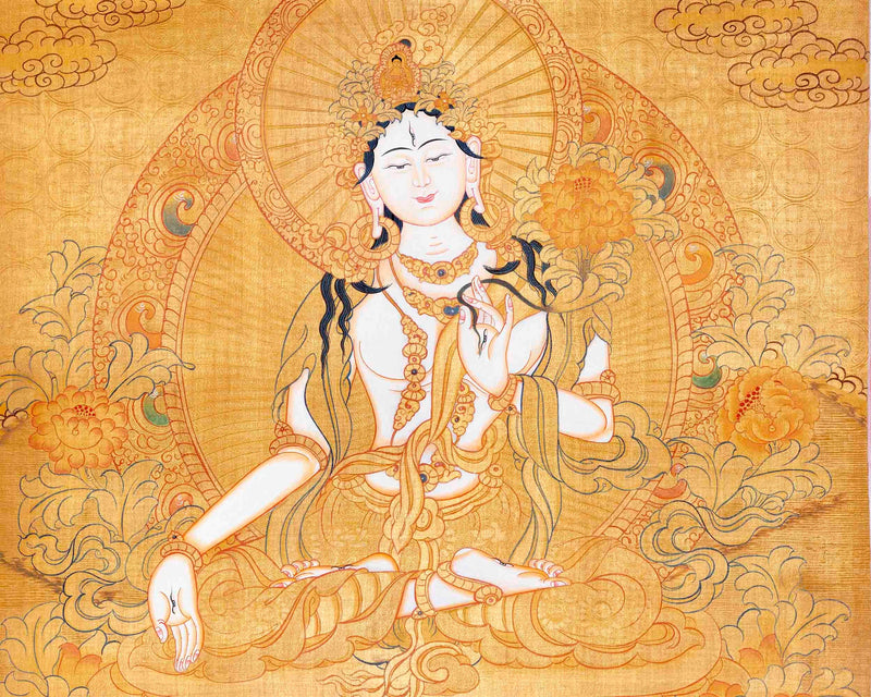 Full Gold Style White Tara Thangka Painting | Original Hand-Painted Female Bodhisattva Art |