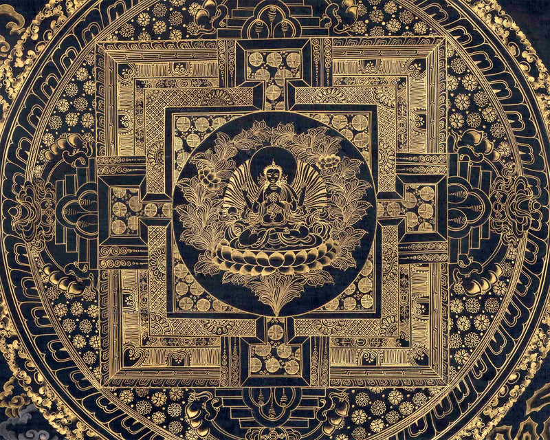 Gold And Black Style Amitabha Buddha Mandala Thangka | Tibetan Buddhist Art