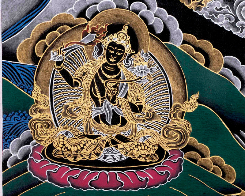 Original Hand Painted Black And Gold Style Chengrezig Mandala Thangka | Tibetan Buddhist Meditation And Yoga Art |