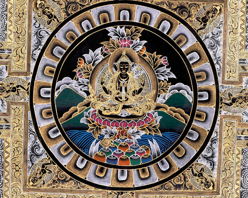 Original Hand Painted Black And Gold Style Chengrezig Mandala Thangka | Tibetan Buddhist Meditation And Yoga Art |