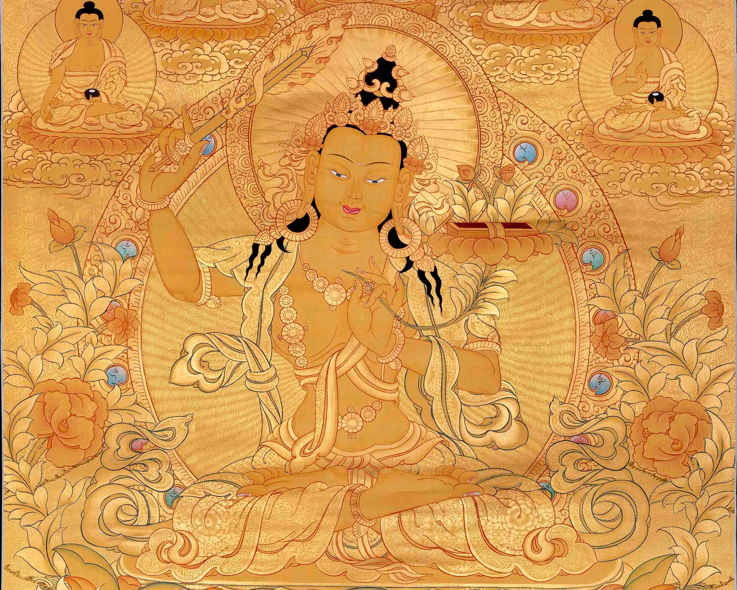 Full Gold Style Manjushree Tibetan Thangka Painting | Hand Painted Buddhist Art