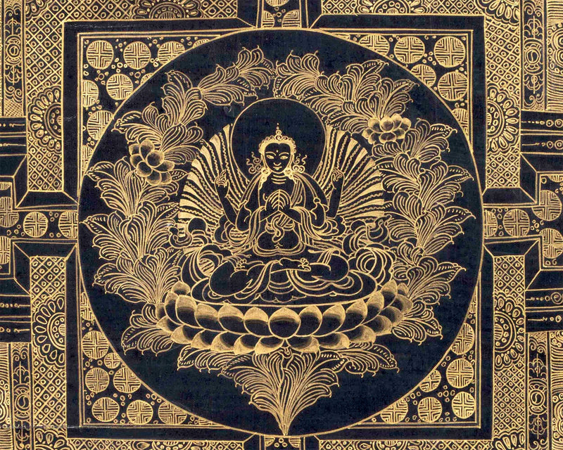 Gold And Black Style Amitabha Buddha Mandala Thangka | Tibetan Buddhist Art