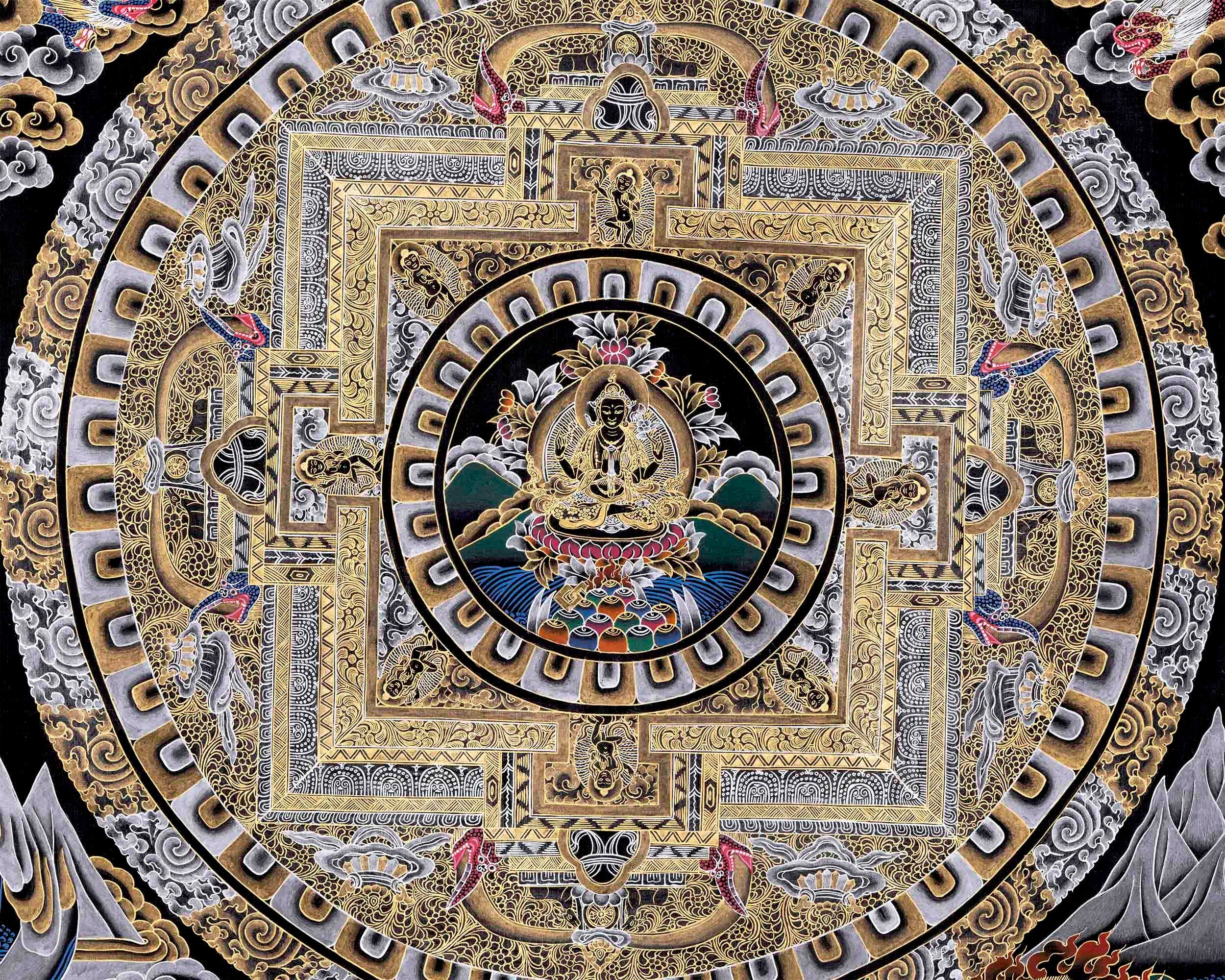 Original Hand Painted Black And Gold Style Chengrezig Mandala Thangka | Tibetan Buddhist Meditation And Yoga Art |