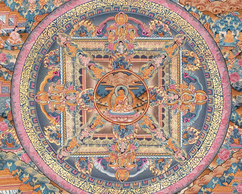 The Sacred Buddha Mandala Embraced by Deities | Handmade Sacred Thangka Painting for Meditation &  Good Luck to house |