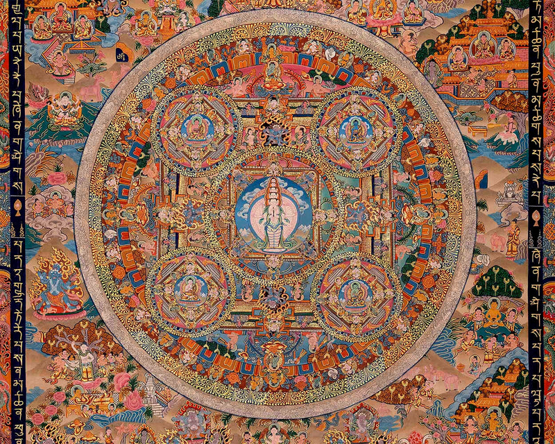 Traditional Lokeshvara Mandala Embraced by Radiant Deities | Chenrezig Thangka