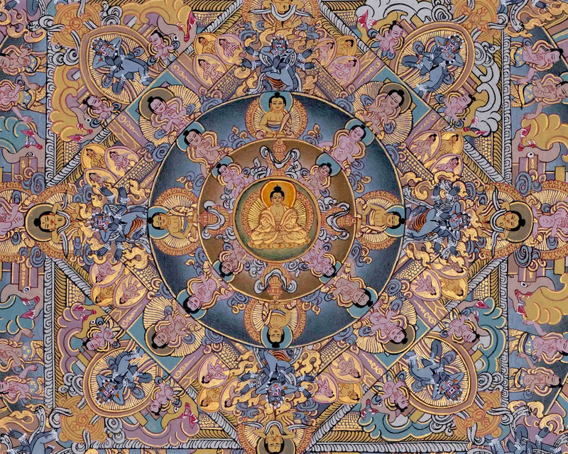 Traditional Painted Grey Colored Buddha Mandala | Mandala Thangka | Tibetan Wall Art