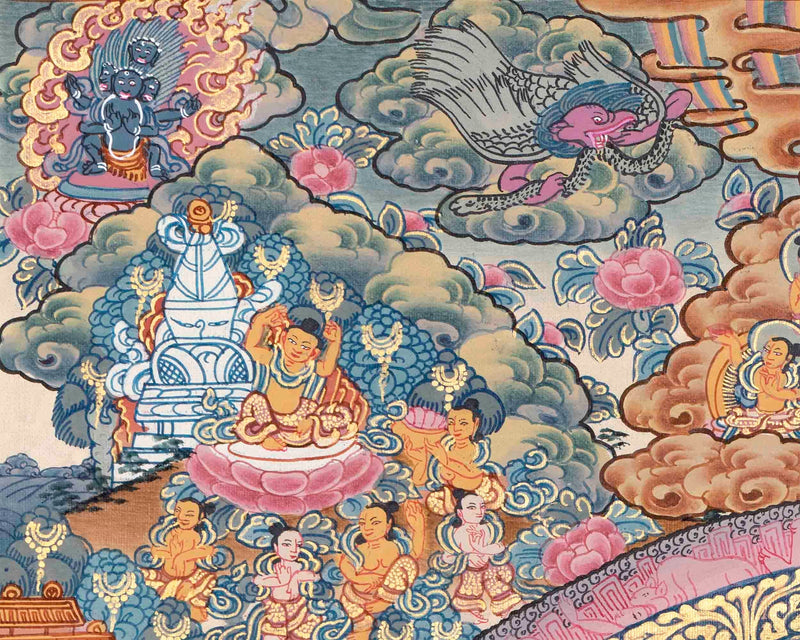 The Sacred Buddha Mandala Embraced by Deities | Handmade Sacred Thangka Painting for Meditation &  Good Luck to house |