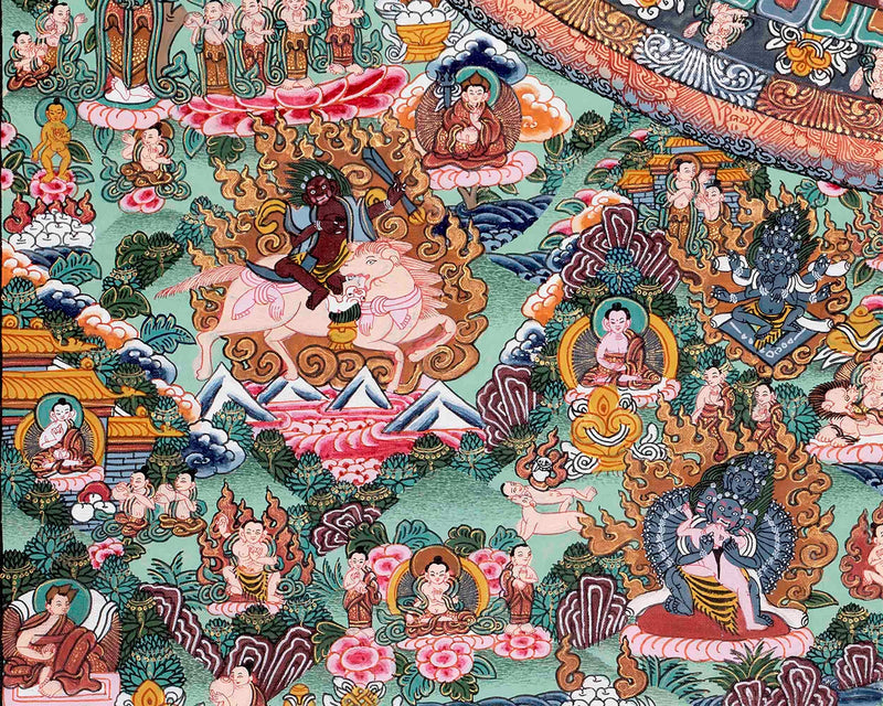 Vintage Buddha Mandala Surrounded by Diverse Deities | Rare Genuine Hand Painted Tibetan thangka |