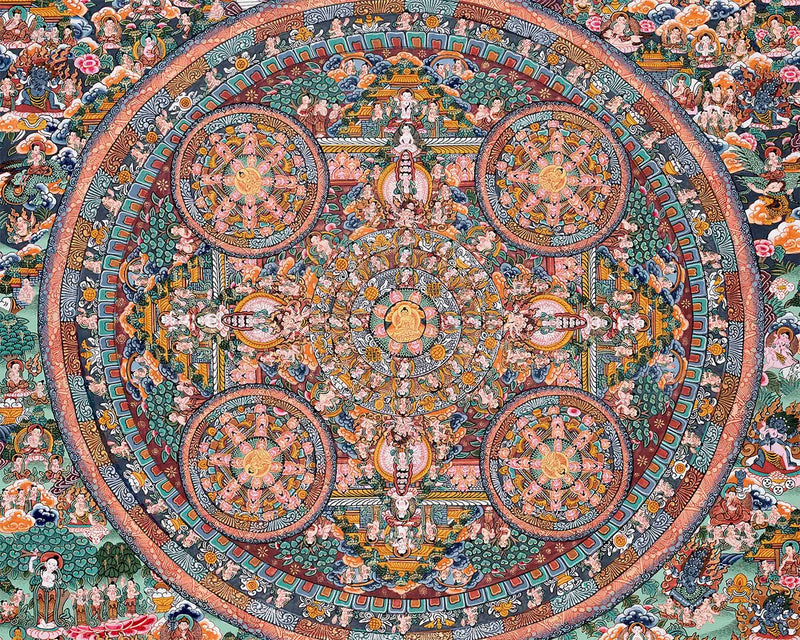 Vintage Buddha Mandala Surrounded by Diverse Deities | Rare Genuine Hand Painted Tibetan thangka |