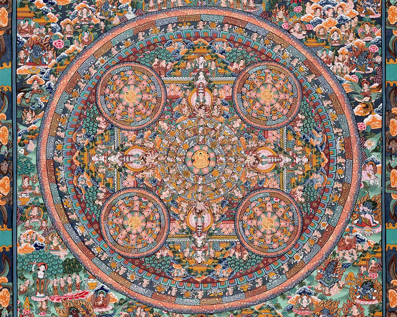 Vintage Buddha Mandala Surrounded by Diverse Deities | Rare Genuine Hand Painted Tibetan thangka |