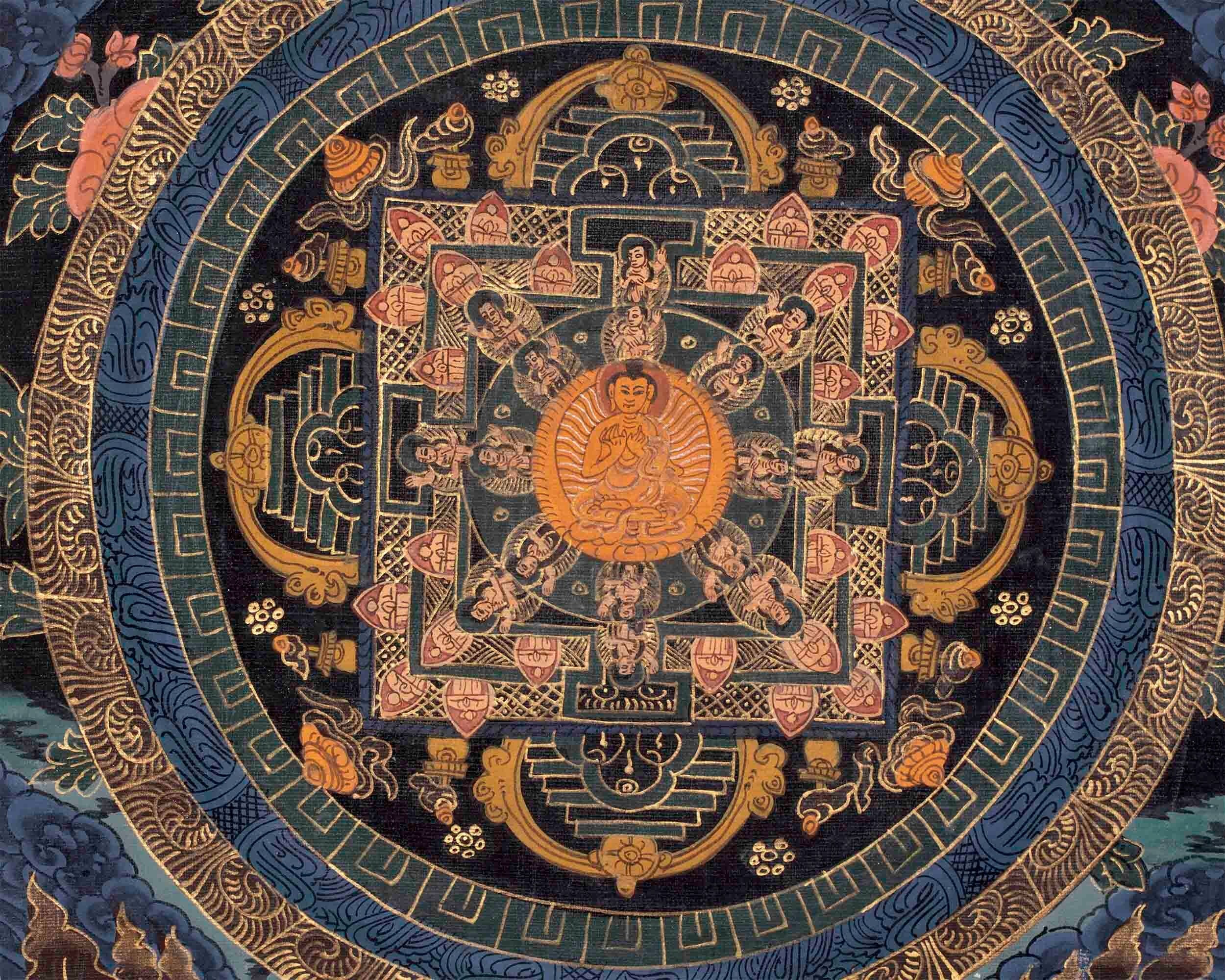 Vintage Buddha Mandala Thangka | Hevajra Mandala | Tibetan Spiritual Art for Altar Decor