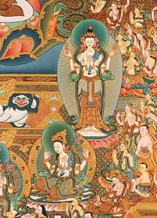 Avalokiteshvara Chengrezig Thangka With Amitabha Buddha | Vajrayana Buddhism Painting