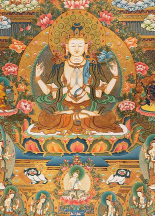 Avalokiteshvara Chengrezig Thangka With Amitabha Buddha | Vajrayana Buddhism Painting