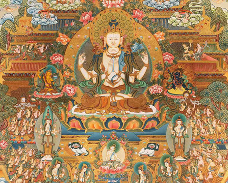 Avalokiteshvara Chengrezig Thangka With Amitabha Buddha | Vajrayana Buddhism Painting