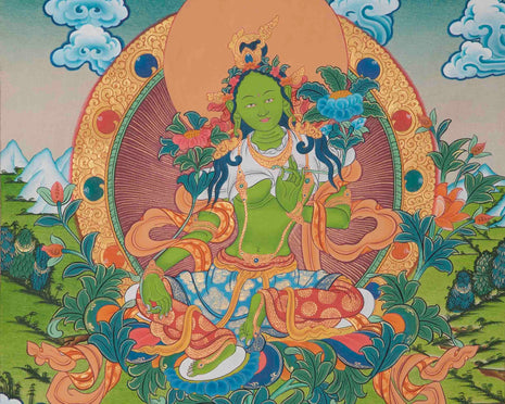 Green Tara Thangka With Brocade | Hand Painted Tara Thangka for Meditation