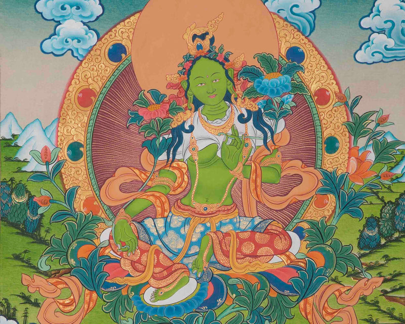 Green Tara Thangka With Brocade | Hand Painted Tara Thangka for Meditation