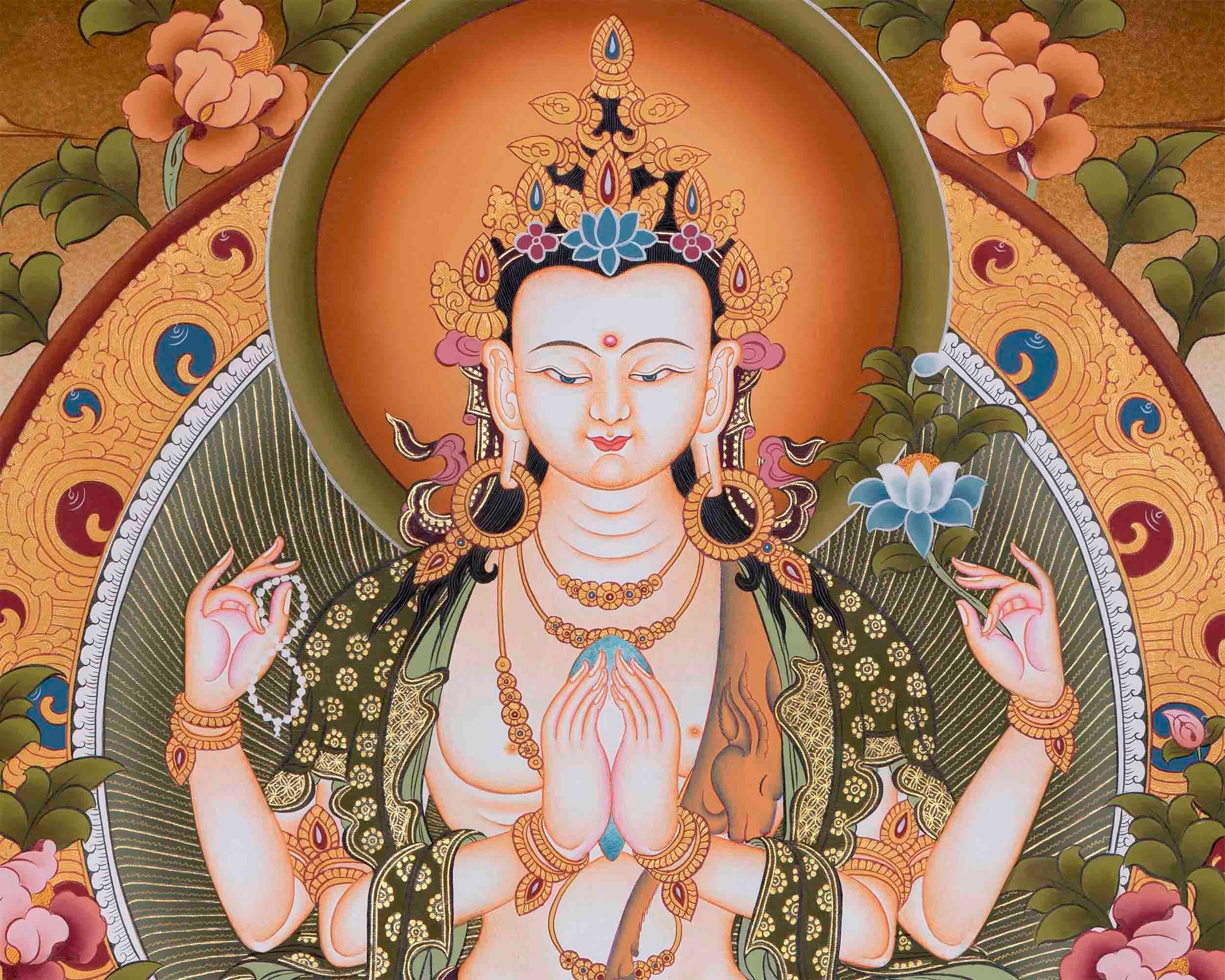 Avalokiteshvara Chengrezig Thangka Painting | Deity Of Compassion | Original Hand Painted Painting