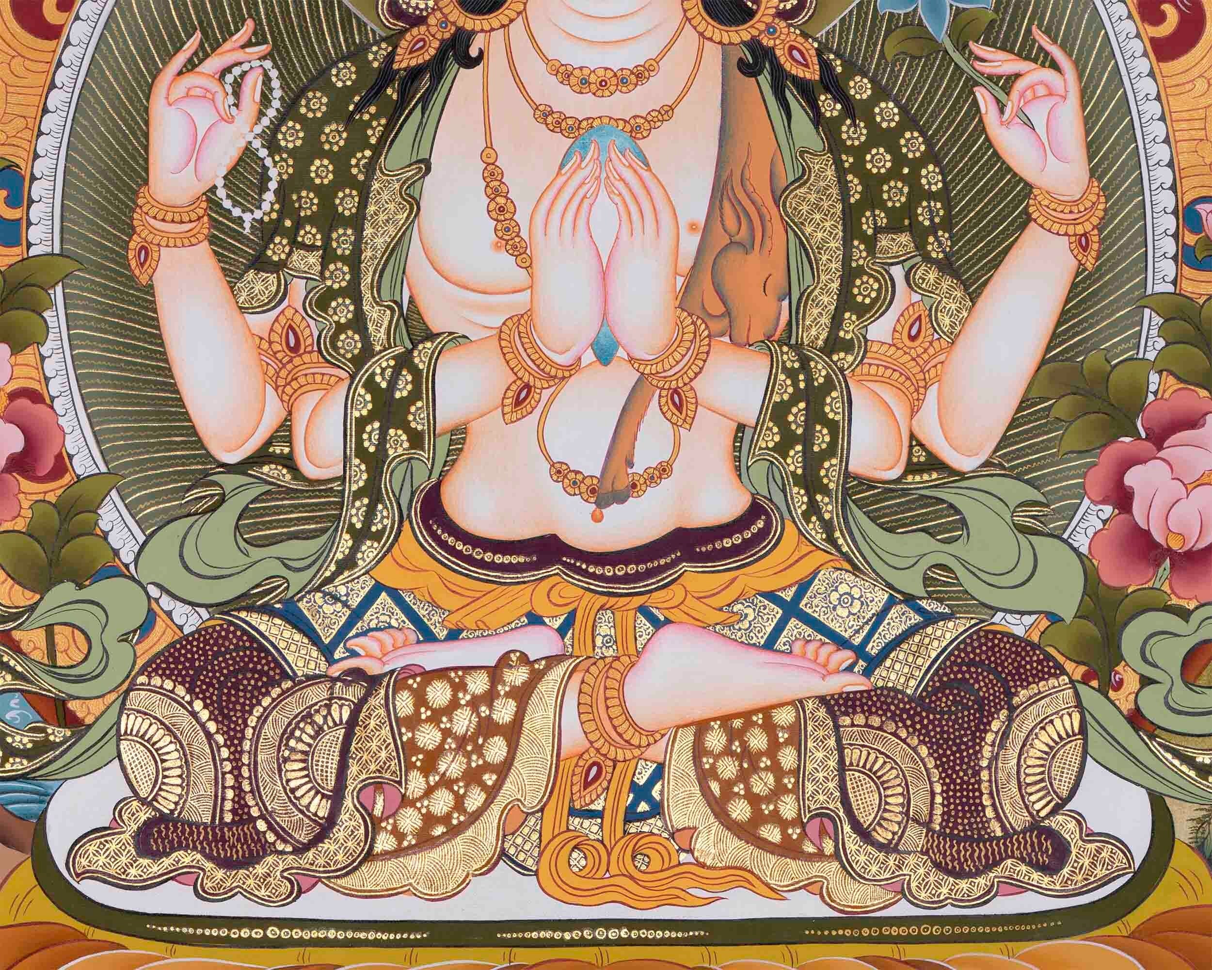 Avalokiteshvara Chengrezig Thangka Painting | Deity Of Compassion | Original Hand Painted Painting