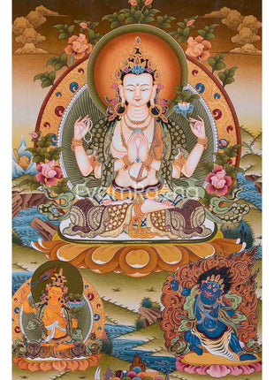 Avalokiteshvara Chengrezig Thangka Painting | Deity Of Compassion | Original Hand Painted Painting