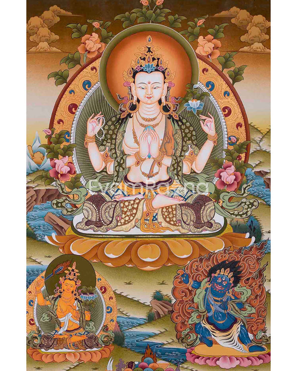 Avalokiteshvara Chengrezig Thangka Painting | Deity Of Compassion | Original Hand Painted Painting