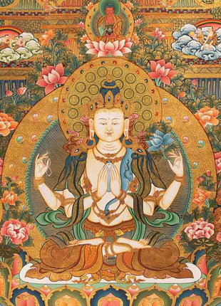 Avalokiteshvara Chengrezig Thangka With Amitabha Buddha | Vajrayana Buddhism Painting