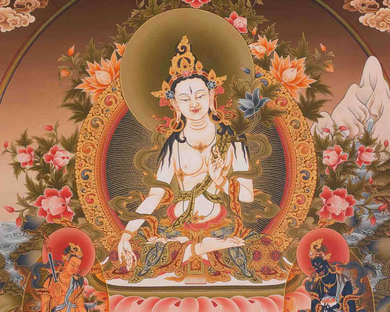 White Tara Thangka | Tibetan Dolkar Bodhisattva Of Long Life | Religious Wall Decoration