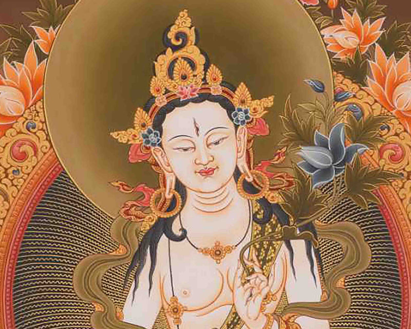 White Tara Thangka | Tibetan Dolkar Bodhisattva Of Long Life | Religious Wall Decoration