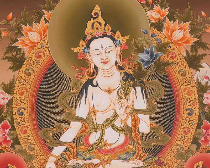 White Tara Thangka | Tibetan Dolkar Bodhisattva Of Long Life | Religious Wall Decoration