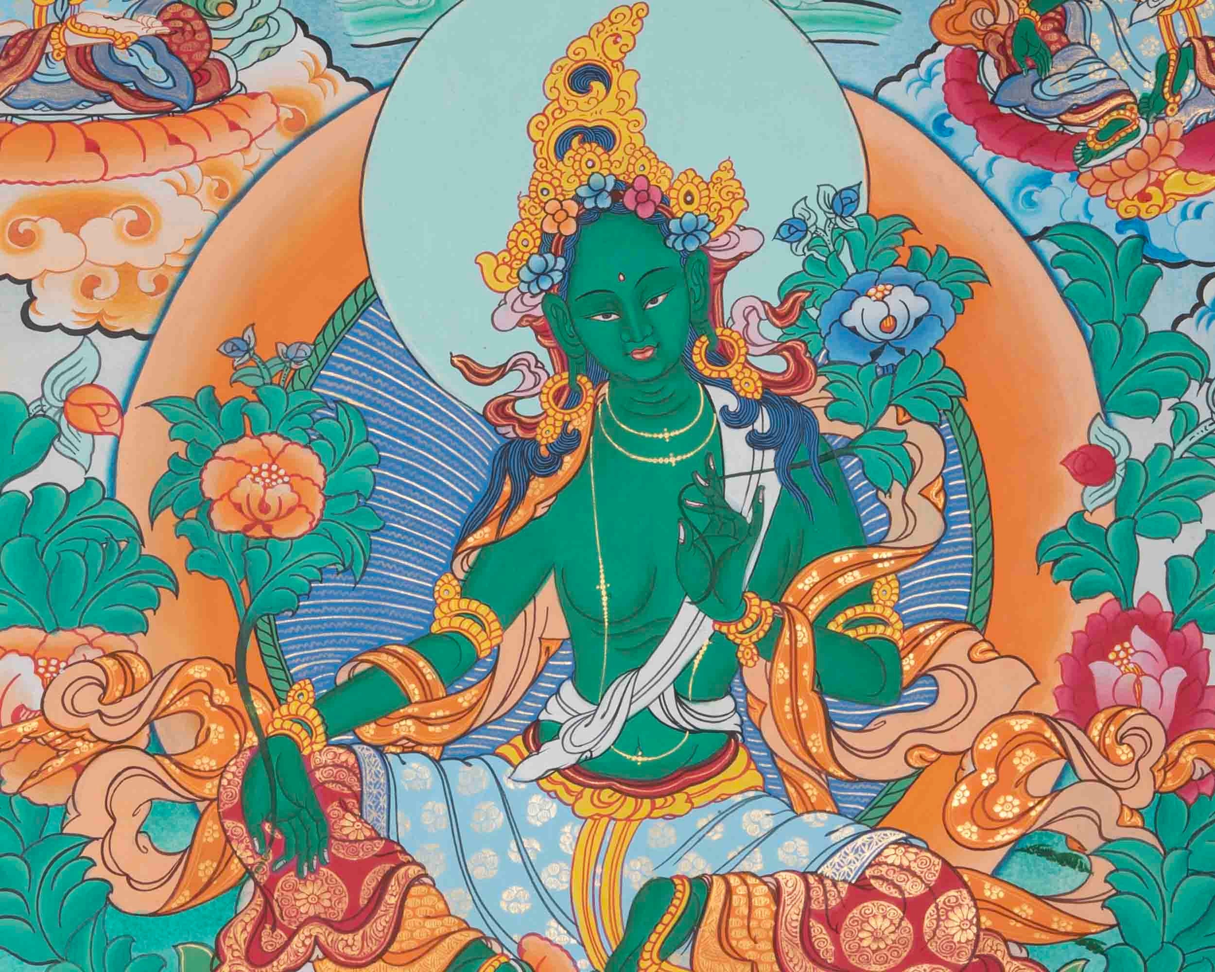 Green Tara Divine Mother Thangka Painting With Brocade | Bodhisattva Wall hanging Decor