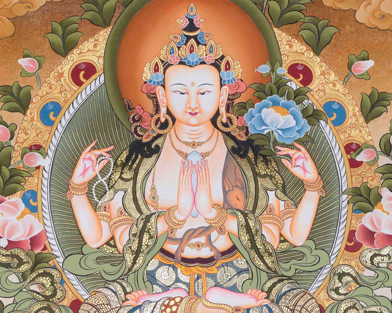 4 Armed Chengrezig Thangka Painting | Yoga And Meditation Home Decor