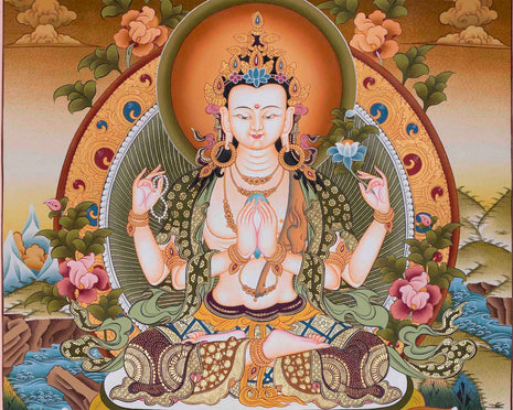 Avalokiteshvara Chengrezig Thangka Painting | Deity Of Compassion | Original Hand Painted Painting