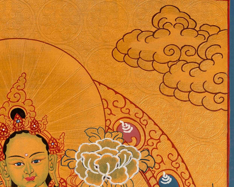 Green Tara Thangka with Brocade | Hand Painted in Gold Style