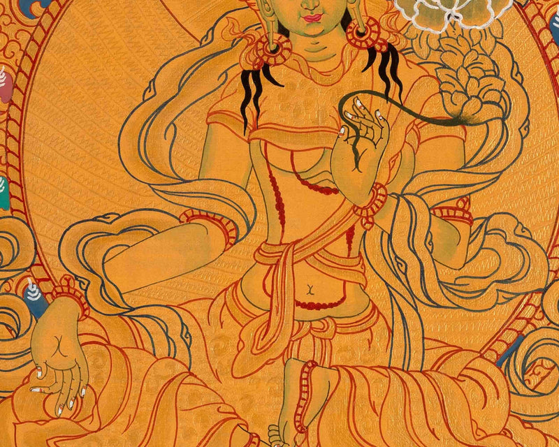 Green Tara Thangka with Brocade | Hand Painted in Gold Style